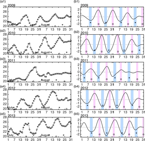 Fig. 7 Time series of modelled temperature (°C) at station A for July and August of 2009–2013. (a) Raw time series and (b) band-pass (7–21 days) filtered time series. The asterisks indicate the times of the spring tide, while the circles mark the times of the neap tide. The blue and red vertical bars in (b) represent the spring and neap tidal phases, respectively.