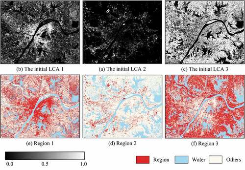 Figure 4. An illustration of hierarchical results in Wuhan: (a), (b), and (c) are the initial LCAs; (d), (e), and (f) are the corresponding Region 1, Region 2 and Region 3.