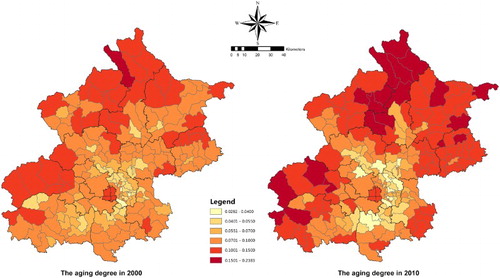 Figure 3. Change of population aging degree on the street block level in Beijing.