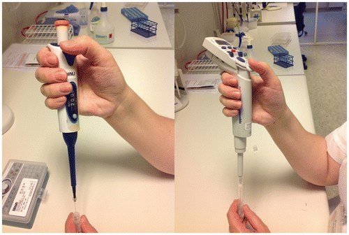 Figure 1. Thumb-push pipettes.The pipettes are held in a “daggert” grip, and the different pipette functions are mainly elicited by the thumb (i.e. aspiration and dispensing of fluid, emptying pipette cabinet, ejecting the pipette tip). The pipette is either manually driven (left picture) by or electrically driven (right picture).