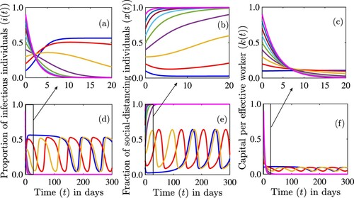 Figure 8. Simulations of the model (Equation12(12) i′=(1−x)βi(1−i)−(μ+γ)i,x′=x(1−x)(δ0x−rs+ci(t)−δ0(1−x)+ρk),k′=skα(1−x)1−α−dk.(12) ) depicting the dynamics of the proportion of infectious individuals, i(t) ((a) and (d)), the proportion of individuals who are strictly social-distancing, x(t) ((b) and (e)), and the capital per effective worker, k(t) ((c) and (f)) as a function of time for different initial conditions. Dynamics for the first 20 days from (e)-(f) are illustrated in (a)–(c). The parameter values used for the simulations are δ0=0.4 per day, rs=0.2 per day, c = 1, μ=0.01 per day, γ=0.5 per day, β=1.2 per day, ρ=0.2 per day, s = 0.1 per day, and d = 0.3 per day.