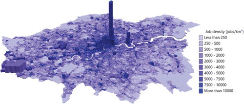 Figure 23. Distribution of workplace densities in London, using Census Output Areas, with a peak of 150,000 jobs/km2 in the Square Mile of the City of London.Source: Urban Morphology and Complex Systems Institute.