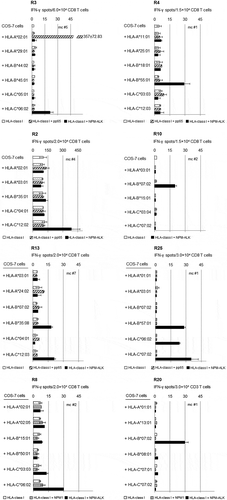 Figure 2. Identification of HLA-class I restriction molecules for the CD8+ T-cell response against NPM-ALK in ALCL-patients.On day 19, microculture (mc) responder populations obtained from indicated patients after RNA stimulation of blood-derived T-cells were tested in parallel IFN-γ ELISPOT assays for the recognition of COS-7 cells (2.0 × 104/well) co-transfected with plasmids encoding the respective patient´s HLA-class I alleles and NPM-ALK. Bars represent the means of duplicates ± standard deviation. (A part of this figure is reproduced with permission from reference 20.)