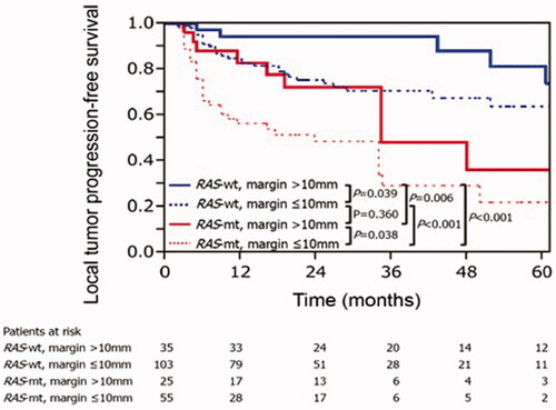 Figure 4. Kaplan–Meier curves for local tumor progression-free survival according to RAS and minimal ablation margin. RAS-wt: RAS wild-type; RAS-mt: RAS mutant. Adapted from Calandri M, Yamashita S, Gazzera C, Fonio P, Veltri A, Bustreo S, et al. Ablation of colorectal liver metastasis: Interaction of ablation margins and RAS mutation profiling on local tumor progression-free survival. Eur Radiol. 2018;28(7):2727–2734. Used with permission.