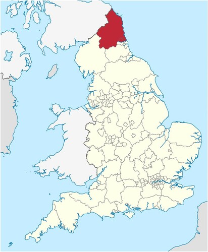 Figure 1. The location of the North of Tyne in England – area in red (Rob (Inops) Citation2018).