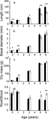 FIGURE 2 Stem length (a), basal diameter (b), biomass (c), and root∶shoot ratio (d) of 0-, 1-, 3-, 5- and 6-year-old Larix individuals inside and outside Salix patches. Mean and SE are displayed in each panel (n  =  8 to 20). Significant differences between microhabitats are shown by asterisks (ANOVA or Mann-Whitney U-test); *, P < 0.05; **, P < 0.01.