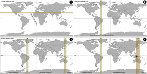 Figure 3. Lines (or rather zones) of demarcation defined in the Treaty of Alcáçovas (A, map 1), the Treaty of Tordesillas (B, map 2) and the antimeridian of B resulting from the Treaty of Zaragoza (C, map 3); map 4 also shows the antimeridian of B in accordance with the current geographic knowledge (i.e. C1 = A + 180° of longitude) together with the Moluccas (M).