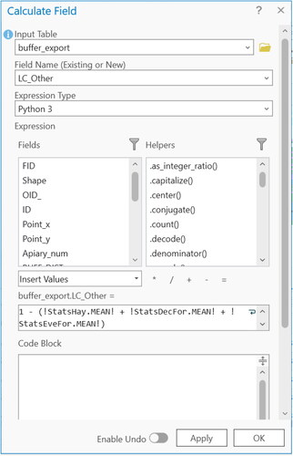 Figure 46. The Calculate Field dialog box used to create the “other” landcover classification in the buffer attribute table.