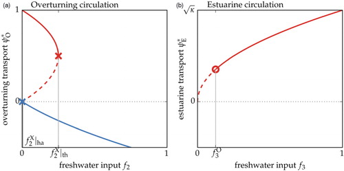 Fig. 2 Bifurcation diagrams for Stommel and Rooth's models. (a) Equilibrium overturning transport as a function of freshwater input into basin 2. Red and blue curves indicate thermal and haline regimes, respectively. X's indicate saddle-node bifurcations [cf. eqns. (11) and (12)]. (b) Equilibrium estuarine transport as a function of freshwater input into basin 3. O indicates a Hopf bifurcation [cf. eqns. (22)]. In both panels, solid (dashed) lines indicate stable (unstable) equilibria.