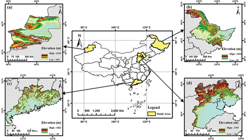 Figure 1. The geographical location of the four study areas. (a) Northern Xinjiang region; (b) Heilongjiang Province; (c) Guangdong Province; (d) Beijing-Tianjin-Hebei region.