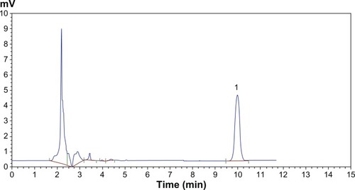 Figure 3 HPLC chromatographs of brucine in PBS.Note: Peak 1 represents brucine.Abbreviations: HPLC, high-performance liquid chromatography; PBS, phosphate buffer solution.