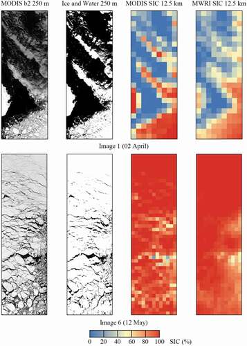 Figure 4. MODIS Band 2 reflectance, the ice-water binary map, the MODIS SIC, and the MWRI SIC of Image 1 (02 April 2018) and Image 6 (12 May 2018).