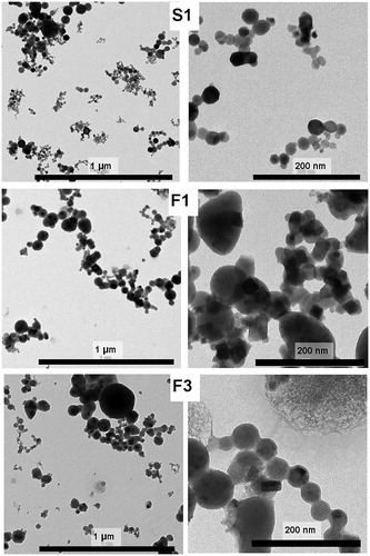 Figure 1. TEM images of welding fume (nano)particles produced using a high melting rate and different base/filler materials and manual welding conditions; S1 (solid filler metal, 304L base alloy, 308L filler alloy); F1 (flux-cored wire, 304L base alloy, 308L filler alloy) and F3 (flux-cored wire, UNS S32101 base and filler alloy).