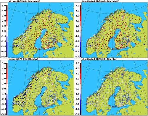 Fig. 13 GDPS surface temperature bias, for the summer SOP over Fennoscandia, at 24 and 36 UTC (night-time and day-time respectively), before and after the model tile temperature adjustment to station elevation.