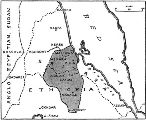 Figure 2. British map of ‘Greater Tigrai’.Note. ‘Greater Tigrai’, depicted in black color in the map, was an independent state conceived by Britain in 1940s by uniting the Christian parts of Eritrea and the Tigray province of Ethiopia. Source: New African Institute (Citation2021). Disinformation in Tigray: Manufacturing Consent for a Secessionist War, p. 2. Available at: https://aepact.org/wp-content/uploads/2021/06/Disinformation-in-Tigray-Manufacturing-Consent-For-a-Secessionist-War.pdf (Accessed 3 September 2022).