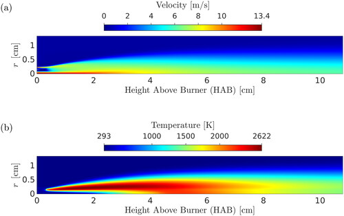 Figure 2. Contour plots of (a) velocity and (b) temperature fields.