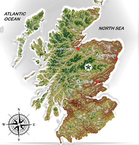 Figure 1. Study area geographic location (✪) of Glen Tanar National Nature Reserve with Caledonian native pine woodland (Pinus sylvestris L.), after Anonymous (Citation2014)