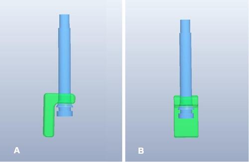 Figure 14 Virtual model of bushing and miniscrew utilized for anterior positioning. (A) Lateral view. (B) Anterior view.