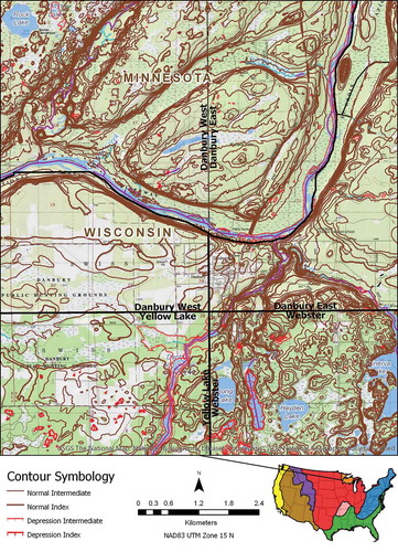 Figure 8. Comparison of US Topo contours at the intersection of four quadrangles in the Laurentian Upland. Background imagery is the legacy 7.5’ topography. Source data for the quadrangles north of the bold black line are lidar-derived DEMs, while the southern quadrangles and the southern portion of the northern quadrangles were produced from 10 meter DEMs derived from digitized legacy contours.