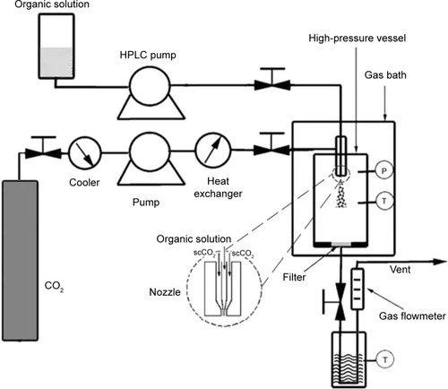 Figure 1 Schematic diagram of the SEDS process.Abbreviation: SEDS, solution-enhanced dispersion by supercritical carbon dioxide (CO2); P, pressure; T, temperature; HPLC, high performance liquid chromatography.