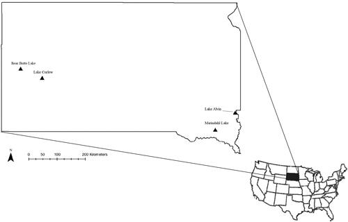 Figure 1. Locations of the four small reservoirs in South Dakota, USA used in this study. Bear Butte and Curlew Lakes were sampled in 2017. Lakes Alvin and Marindahl were sampled in 2018.