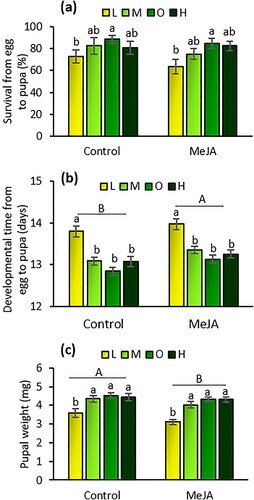 Figure 2. Larval survival (percent ± SE) (a), developmental time from egg to pupa (mean days ± SE) (b), and pupal weights (mean mg ± SE) (c) of Tuta absoluta feeding on tomato plants exposed to different fertilizer regimes (L = low, M = medium, O = optimal, and H = high) with and without induction by methyl jasmonate (MeJA). Uppercase letters indicate significant differences between induced and non-induced plants, while lowercase letters indicate significant difference among fertilizer regimes (two-way analysis of variance, P < 0.05). n = 13.