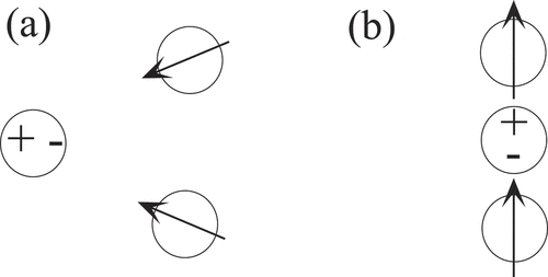 Figure 1. Effect of an external dipole, marked by a positive and negative sign, on secondary, induced dipoles indicated by arrows. Depending on the location and orientation of the central dipole, be it permanent or dynamic, the induced dipoles repel (a) or attract (b) each other.