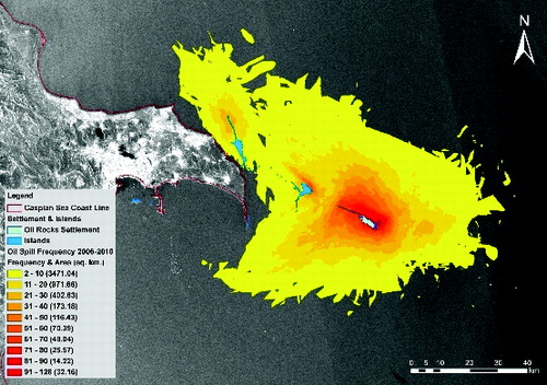 Figure 9. Map of oil spill frequency around the Oil Rocks, Chilov and Pirallahi Islands in 2006–2010.