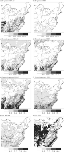 Figure 1. Maps of May-to-September 2002 total biogenic emissions for MEGAN and BEIS: (a) isoprene MEGAN, (b) isoprene BEIS, (c) monoterpenes MEGAN, (d) monoterpenes BEIS, (e) sesquiterpenes MEGAN, (f) sesquiterpenes BEIS, (g) NO MEGAN, and (h) NO BEIS. NO emissions are expressed in Mmols; all others are expressed in Mmols carbon.