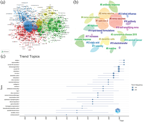Figure 7. Network on keywords in the field of mRNA vaccines. (a) VOSviewer cluster visualization of keywords. (b) Cluster diagrams of keywords. (c) Visualization of keywords according to the average publication year (APY).
