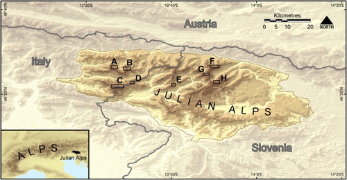 Figure 4. Location of the Julian Alps. Studied sites are marked with A, B, C, D, E, F, G and H. Base topography: ASTER GDEM (http://gdem.ersdac.jspacesystems.or.jp/).