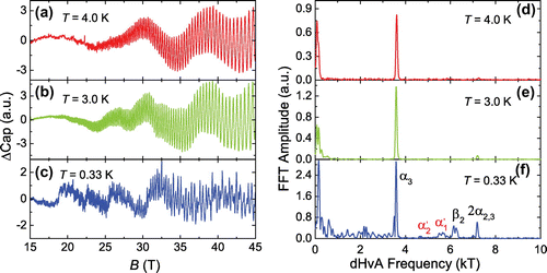 Figure 3. (colour online) dHvA signals of for at temperatures of (a) 4.0 K, (b) 3.0 K and (c) 0.33 K. The corresponding FFT spectra for are shown in (d)–(f). The dHvA oscillations are obtained by subtracting the background shift from the magnetic field dependence of the capacitance of the cantilever.