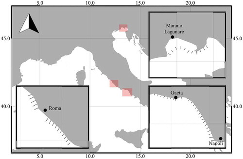Figure 1. Map of the razor clam surveys carried out in the 3-year period 2016–2018 in Italian coastal waters.