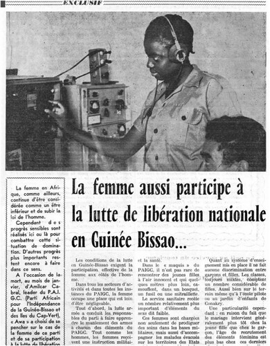 Figure 4 “Women participate in the national liberation struggle in Guinea-Bissau”, Awa Magazine, May. 1973, p.6 (right). (Founded by Annette Mbaye d’Erneville en 1964, this review has been digitized by the IFAN-Cheikh Anta Diop as part of a project between the universities of Bristol and Paul-Valéry – Montpellier 3, in partnership with the IFAN-CAD, the National Archives of Senegal and the Musée de la femme Henriette-Bathily).