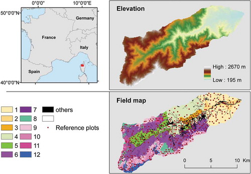 Figure 1. Study site location, elevation map, and data used for the study. Numbers in the bottom legend refer to the 12 vegetation series (see Table 1 for definitions). “Others” represents vegetation series along streams and among rock falls, covering less than 5% of the study site.