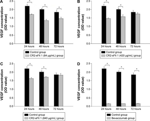 Figure 4 Concentration analysis of VEGF in the supernatant of the RPE cells treated with CR2-sFlt 1 (84 [A], 420 [B], and 840 μg/mL [C]) and bevacizumab (D).