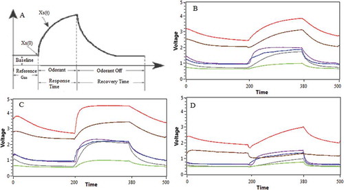 FIGURE 4 (a) E-nose sensor response to an odorant;[Citation21,Citation30] typical response of e-nose to samples: (b) saffron; (c)safflower; (d) corn stigma.