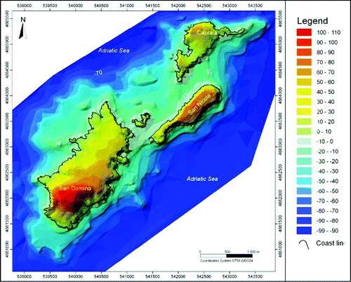 Figure 2. Bathymetry and orography of the Tremiti Islands and surrounding inner continental shelf.