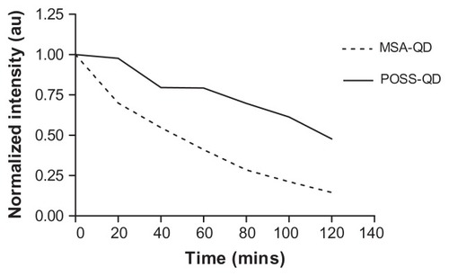 Figure 5 Photostabilty of POSS and MSA-QDs.Notes: On exposure to UV illumination for 2 hours, POSS-QDs undergo photo-oxidation at a much slower rate showing significantly enhanced photostability compared to MSA-QDs. P value < 0.05.Abbreviations: POSS, polyhedral oligomeric silsesquioxane; MSA-QDs, mercaptosuccinic acid quantum dots; POSS-QDs, polyhedral oligomeric silsesquioxane quantum dots.