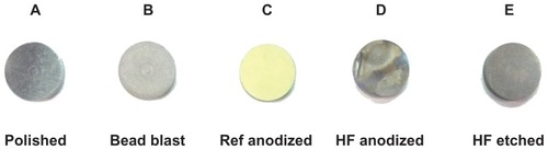 Figure 1 Change in surface appearance from the different treatment methods.Abbreviations: Ref, reference; HF, hydrofluoric acid.