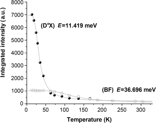 Figure 10. The temperature dependence of integrated intensity of DoX and BF peaks.