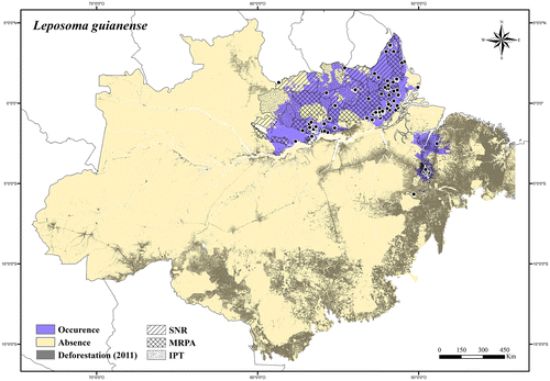 Figure 49. Occurrence area and records of Leposoma guianense in the Brazilian Amazonia, showing the overlap with protected and deforested areas.