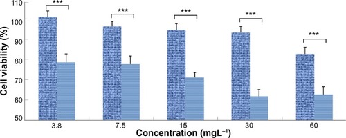 Figure 2 Cell viability assay at different concentrations of NGO–mPEG/ZnPc on MCF-7 cells.Notes: The graph represents results obtained under 10-minute light exposure with power intensity of 60 J/cm2 (light blue bars) and without light irradiation (dark blue bars). ***P<0.001, Student’s t-test.Abbreviations: GO, graphene oxide; NGO–mPEG/ZnPc, methoxy-poly(ethylene glycol)-conjugated nano-GO loaded with zinc phthalocyanine.