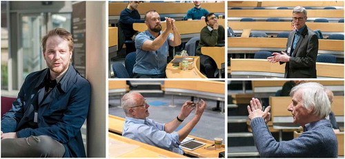 Figure 3. Left: Markus Wahle, recipient of the 2019 young scientist award. Middle & right: various hand gestures taking place during Tuesday’s post-talk question sessions.