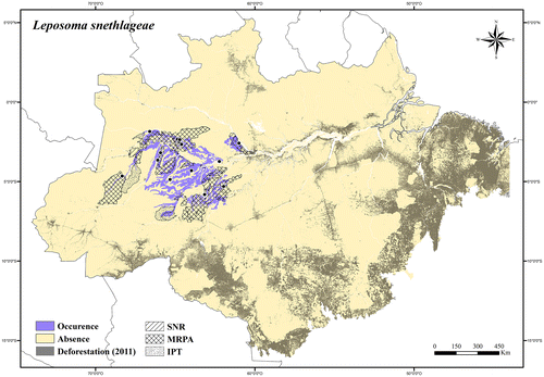 Figure 52. Occurrence area and records of Leposoma snethlageae in the Brazilian Amazonia, showing the overlap with protected and deforested areas.