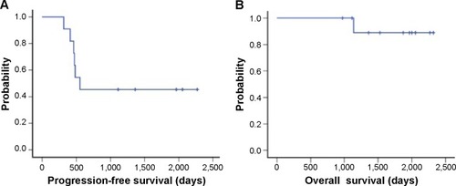 Figure 1 Progression-free survival (A) and overall survival (B) in patients with advanced colorectal cancer treated with FOLFOX4 plus bevacizumab.