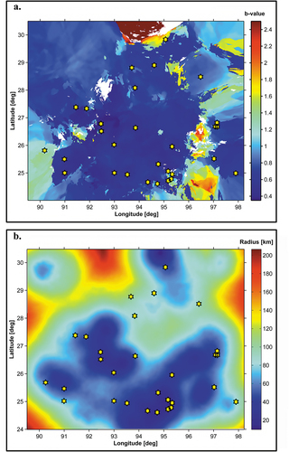 Figure 3. a. The spatial distribution of b-value for the entire study area; b. The resolution map, the area with high resolution is shown by blue color. Epicenters of large earthquakes (Mb≥6) are shown by yellow star marks.