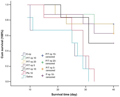 Figure 4 Kaplan–Meier curves showing the survival of tumor-bearing mice treated with different protocols.Note: The different agents were delivered intratumorally when tumor volume measured 100 mm3.Abbreviations: cum, cumulative; empty np, empty nanoparticles; P-np 10, paclitaxel nanoparticles in a saline solution at equivalent paclitaxel dose of 10 mg/kg; P/T np, paclitaxel/tetrandrine nanoparticles in a saline solution at equivalent paclitaxel dose of 5, 10, and 20 mg/kg with tetrandrine dose set at 10 mg/kg; Ptx 10, free paclitaxel at a dose of 10 mg/kg; saline, vehicle.