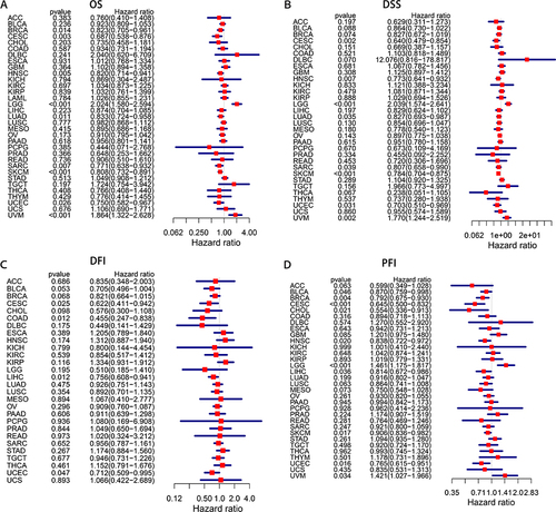 Figure 2 Prognostic analysis based on CD48 expression levels through univariate Cox analysis. Relationships of CD48 expression levels and (A) OS, (B) DSS, (C) DFI, as well as (D) PFI through univariate Cox analysis.