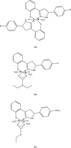 Figure 1. The proposed structure of the lanthanum complex (a) [La(C15H12N2OH)2(H2O)Cl] and mixed ligand lanthanum complexes (b) [La(C15H12N2OH)(C5H10NS2)(2 H2O)Cl] and (c) [La(C15H12N2OOCH3)(C2H5OCS2)(2 H2O)Cl].